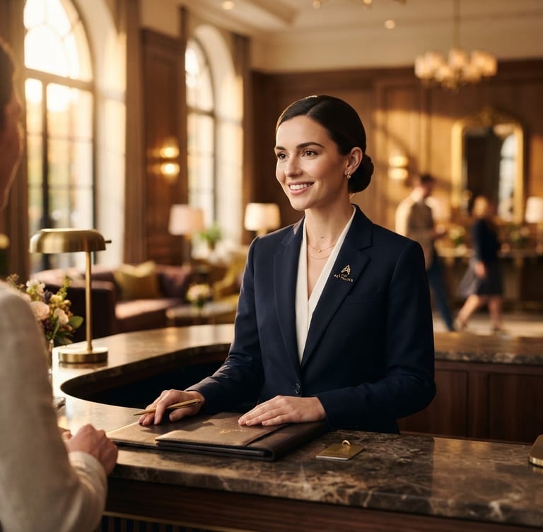 Elegant medium-close up of an immaculately dressed receptionist in a luxury hotel lobby, warm golden-hour window light, shallow depth of field, 35mm