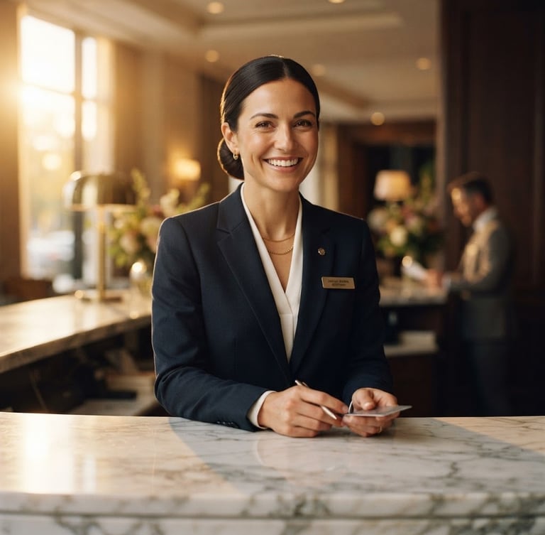 Elegant medium close-up of a professional hotel receptionist in a tailored dark suit, smiling warmly behind a polished marble counter, soft golden-hour light, 35mm editorial photography.