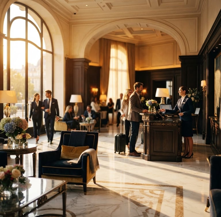 Wide editorial shot of a luxurious 5-star hotel lobby, warm golden-hour window light casting long shadows on polished marble floors, a professional receptionist in a tailored dark suit welcoming guests in the background, shallow depth of field, 35mm.
