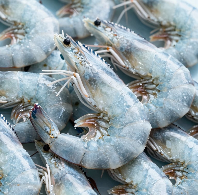 Close-up of perfectly calibrated frozen Ecuadorian white shrimp, clean commercial photography, cool blue and silver tones, sharp focus