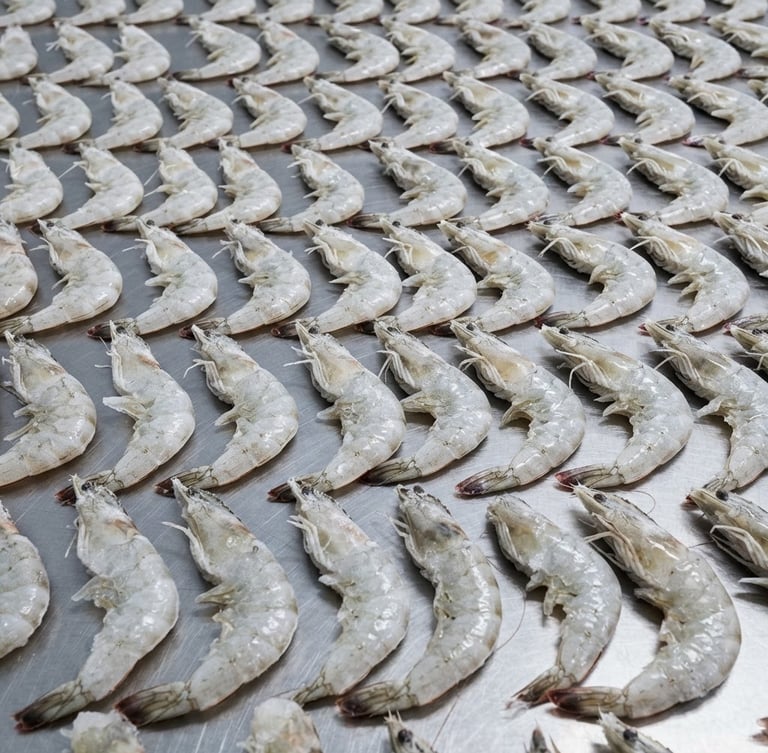 Close-up macro photography of frozen IQF Ecuadorian white shrimp, perfectly calibrated and arranged on a clean industrial steel surface, bright cool lighting, sharp focus.