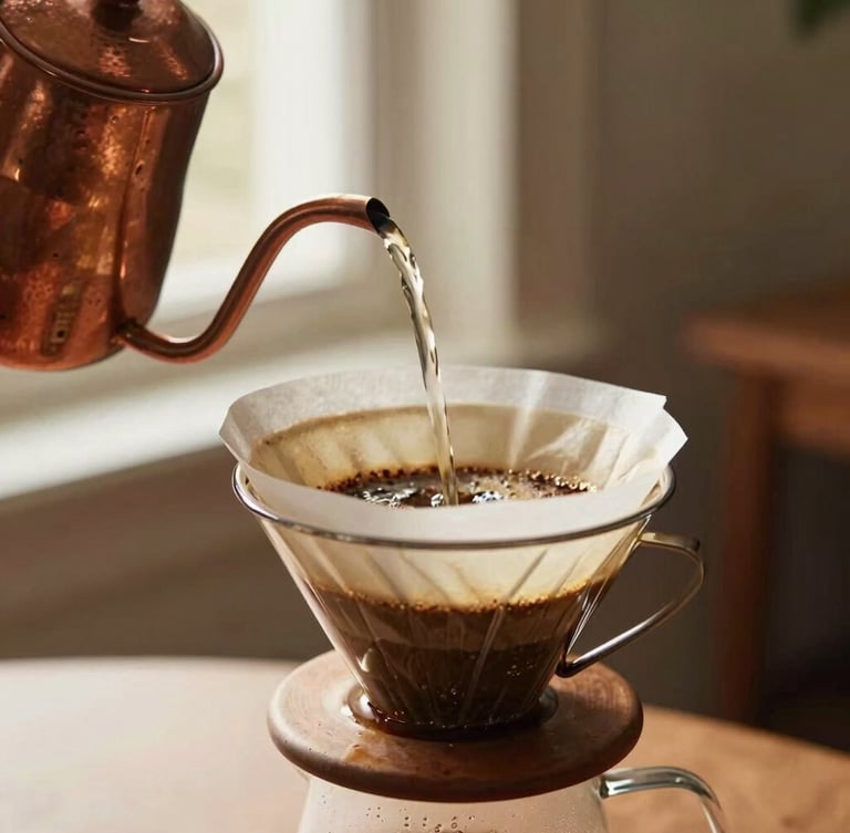 Close-up of hot water pouring from a copper gooseneck kettle into a Chemex brewer, rich coffee dripping through thick white paper filter, soft side light, warm editorial style