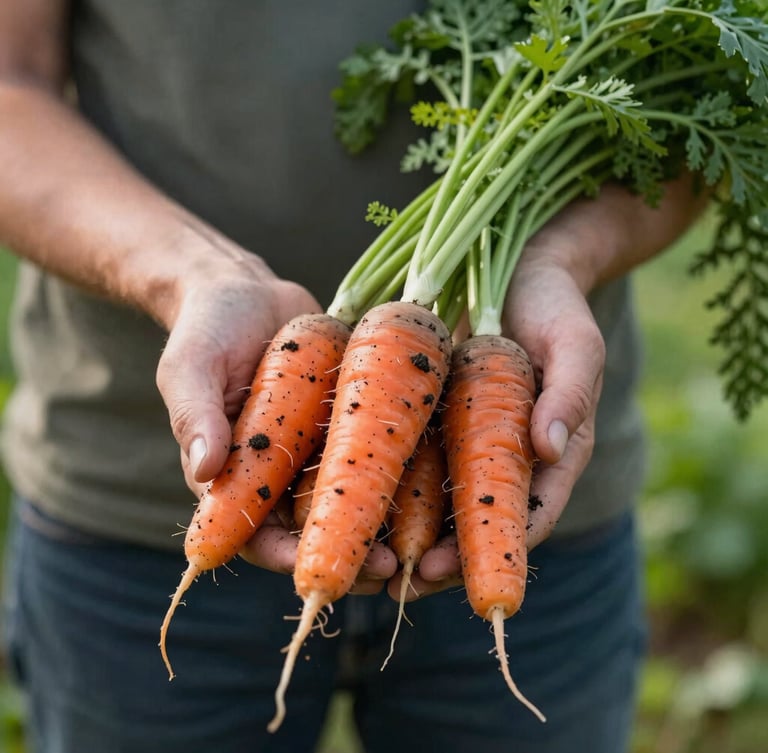 Close-up of farmer hands holding freshly harvested heirloom carrots with soil still attached, soft diffused morning side-light, shallow depth of field.