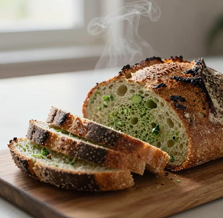 Tight macro shot of fresh sourdough bread sliced on a wooden board, steam rising, soft natural morning light, 35mm photography.