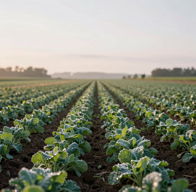 Soft morning daylight over a wide Scandinavian-style organic farm field, rows of green crops with dew, low horizon, 35mm.