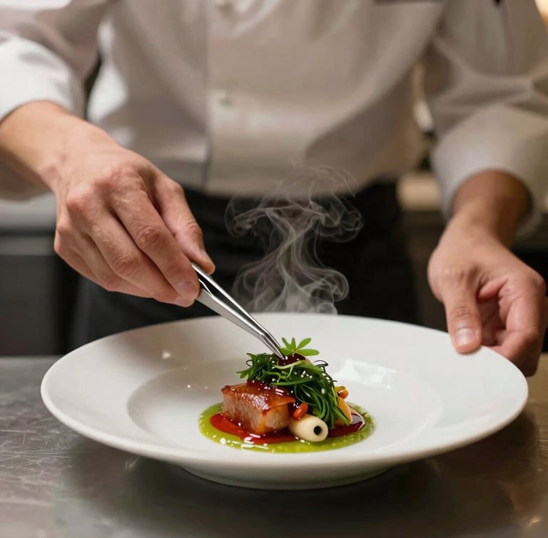 Close-up portrait of a professional chef plating a delicate dish behind the pass, steam rising under warm diffused kitchen lights, hands holding plating tweezers, shallow depth of field, 35mm cozy editorial photography.
