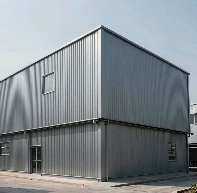 Architectural elevation of a modern metal processing plant, strict orthogonal lines, quiet and empty, objective cool daylight.