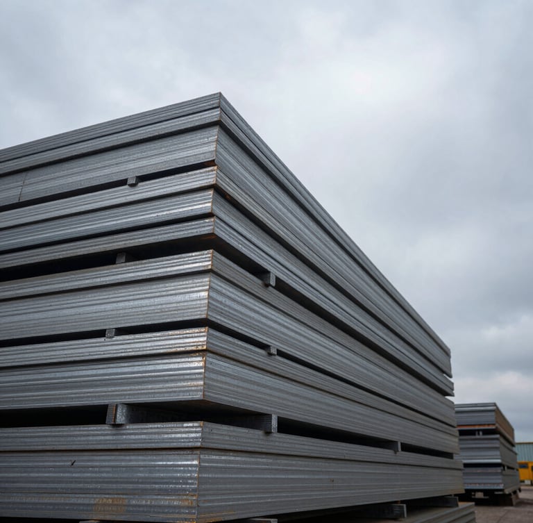 Orthogonal close-up of heavy stacked raw steel plates, cool overcast daylight reflecting off the clean metallic edges, industrial precision, negative space on the right.