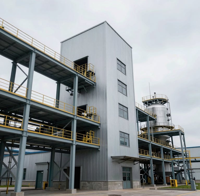Orthogonal architectural elevation of a modern metal processing plant under cool overcast daylight, clean steel structures, no people