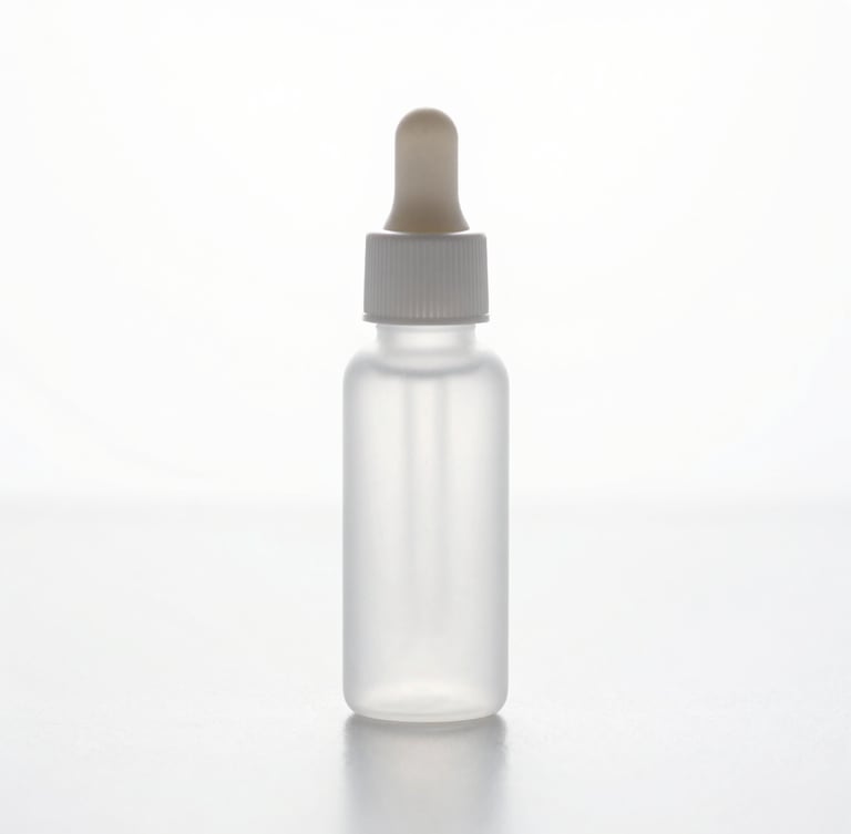 Crisp high-key product photography of a sleek translucent dropper bottle on a clean, reflective white surface, sharp clinical studio light, stark white background, macro depth of field