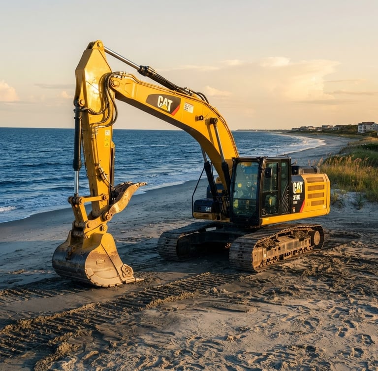 Low-angle wide shot of a clean heavy-duty excavator parked on a sandy coastal site in Mount Pleasant during golden hour, deep blue ocean in the background.