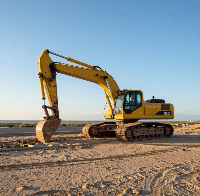 Wide environmental shot of a heavy-duty long-reach excavator operating on a sandy marsh edge during early morning golden hour, high-contrast shadows, 35mm.