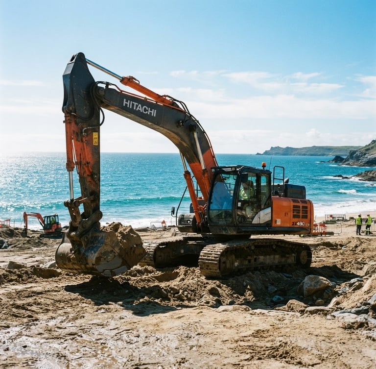 Low-angle hero shot of a modern heavy excavator parked on a sandy coastal construction site, bright morning sun reflecting off the water, deep blue sky, sharp focus