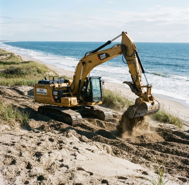 Low-angle environmental shot of a clean, yellow heavy excavator operating on a sandy coastal dune site, bright morning coastal daylight, deep blue ocean in the background, sharp focus, 35mm photography