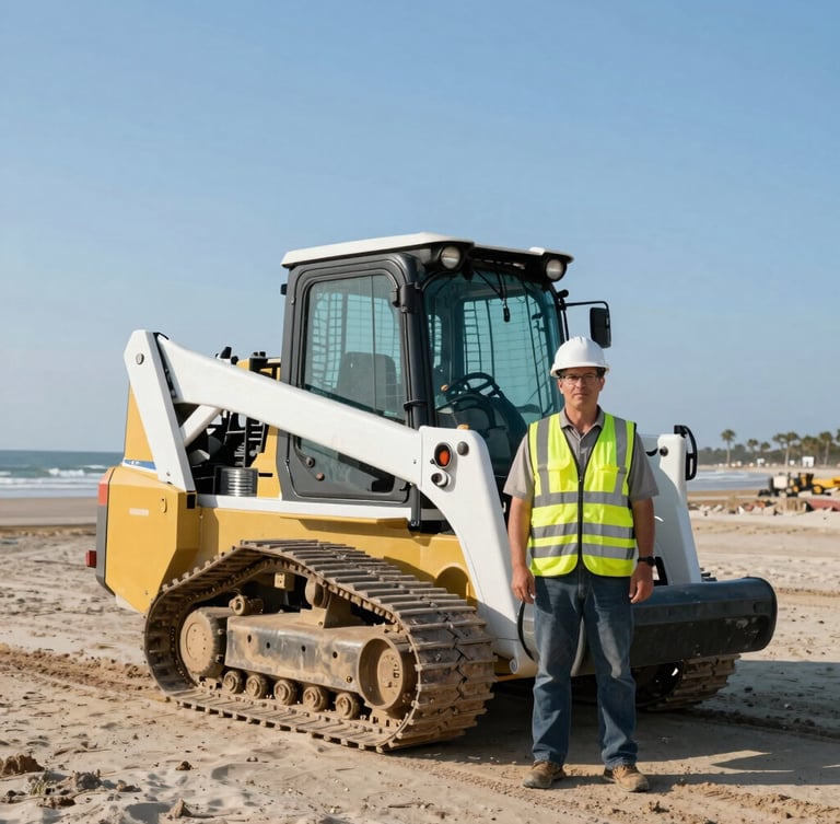 A professional civil engineer in high-vis safety gear standing next to a modern compact track loader on a South Carolina beach site, bright morning light.