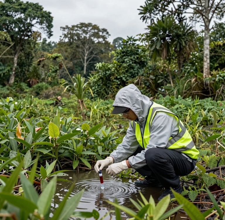 Scientific field photography, crisp natural overcast daylight, a researcher in high-vis gear collecting water samples in a lush Malaysian wetland, deep forest greens, sharp focus, 35mm
