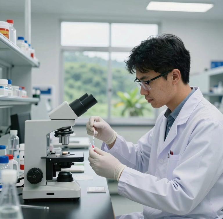 A clean modern laboratory environment in Malaysia, a researcher analyzing genetic samples for eDNA sequencing, focused scientific setting, crisp lighting