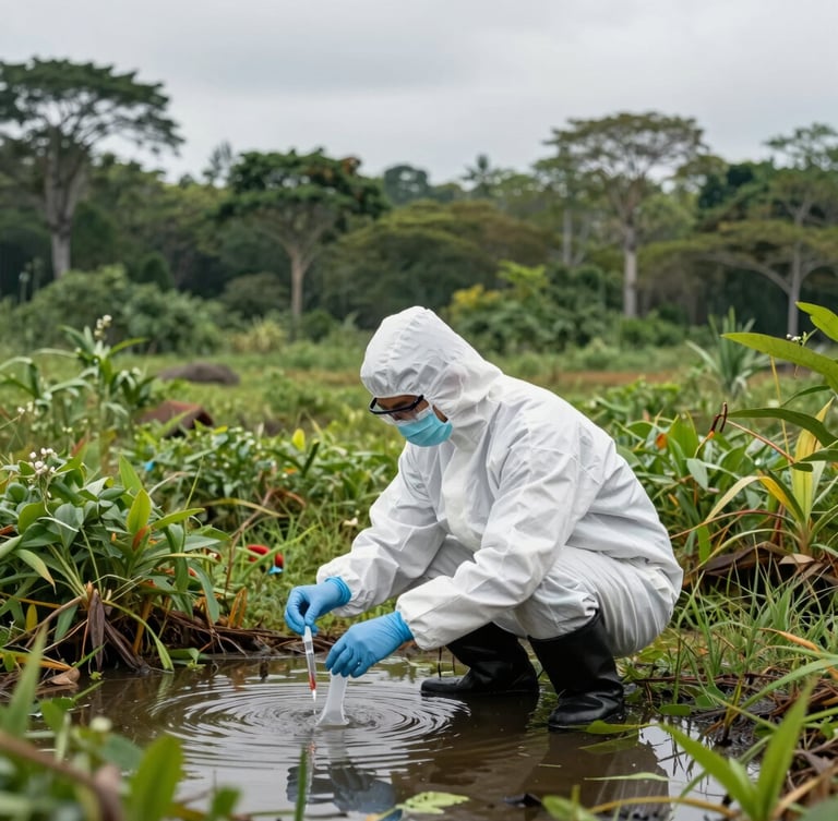 Scientific field photography of a researcher in high-vis gear collecting water samples in a lush Malaysian wetland, overcast daylight, sharp focus, 35mm