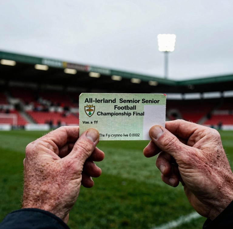 Close-up of weathered, calloused hands holding a worn match ticket for the All-Ireland Senior Football Championship Final, dramatic lighting from stadium floodlights, rich green and red tones, high contrast, 35mm film.