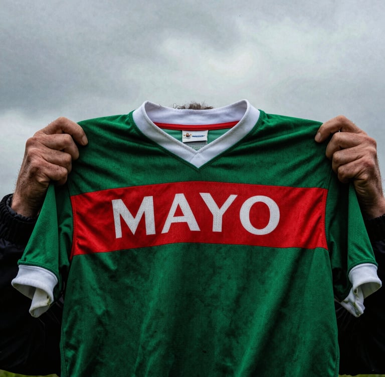 Close-up, weathered hands holding a vintage Mayo GAA jersey, worn fabric, dramatic overcast Irish daylight, high contrast, 35mm film, rich green and red tones.