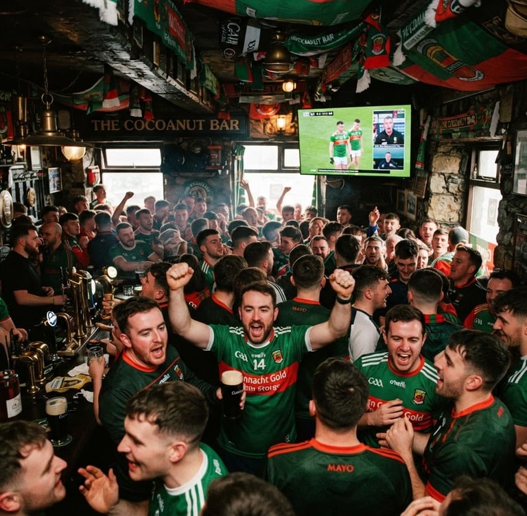Wide shot of a crowded, boisterous Irish pub interior, packed with Mayo GAA fans in green and red jerseys, flags draped from the ceiling, all eyes on a TV screen, dramatic warm pub lighting, gritty editorial sports photography, 35mm film.
