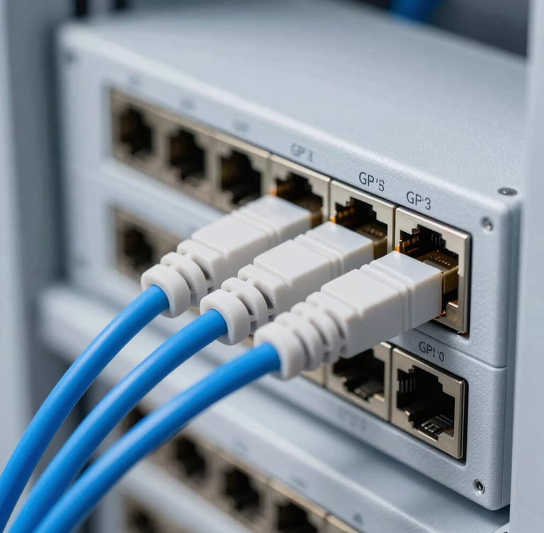 Macro close-up of blue fiber optic patch cords plugged into a high-density GPON OLT switch in a clean, professional telecom server room, bright neutral studio lighting, cool blue and white tones, sharp focus.