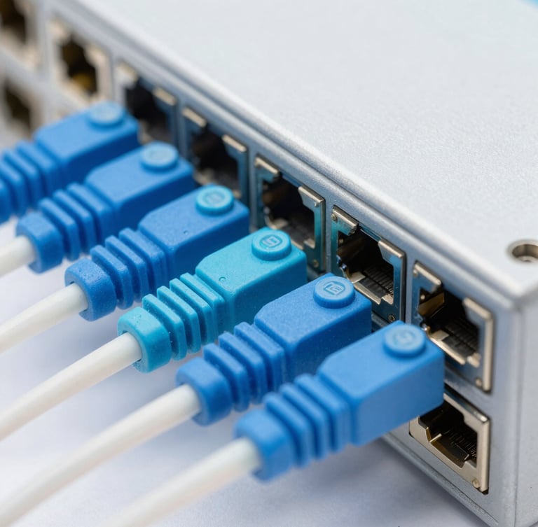 Macro close-up of a high-density fiber optic patch panel, blue and cyan LC connectors plugged in, dust caps visible, bright neutral studio lighting, sharp focus on ports, cool blue and white tones