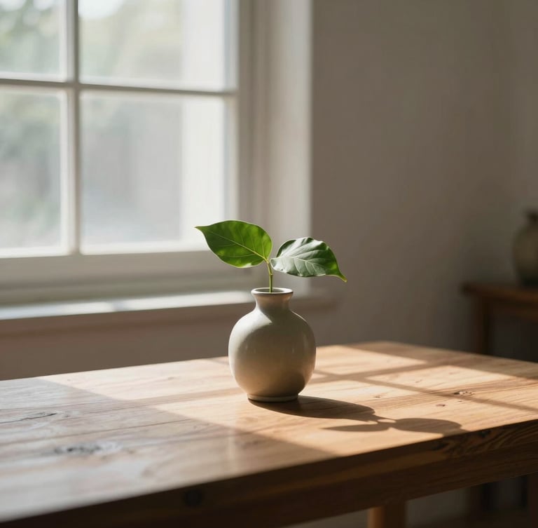 Soft natural morning light streaming through a window onto a wooden table, a single green leaf in a ceramic vase, plenty of negative space, calm and unhurried atmosphere.