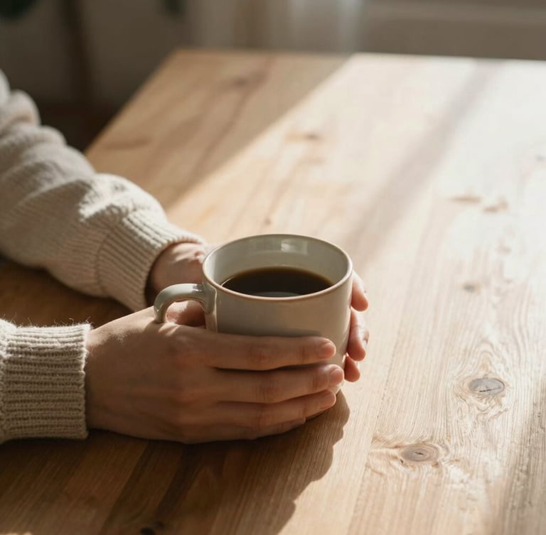 Soft afternoon sunlight streaming onto a clean wooden table, a warm ceramic mug held by hands in a relaxed knitted sweater, negative space on the right, calm editorial feel
