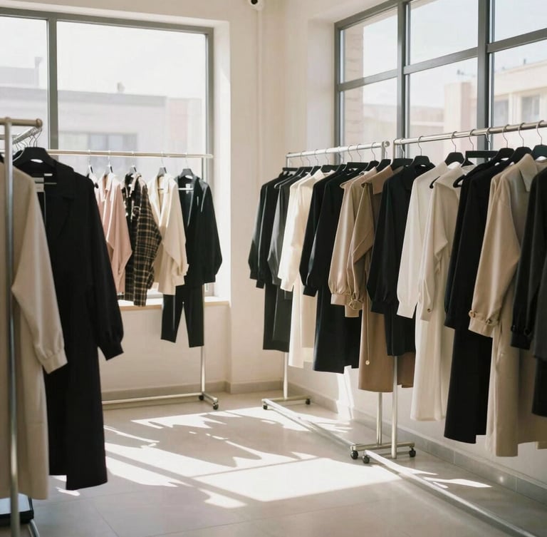 A bright, professional wholesale apparel showroom in Baghdad, neatly arranged high-quality garments on minimalist metal racks, warm natural daylight streaming through large windows, medium format film aesthetic.