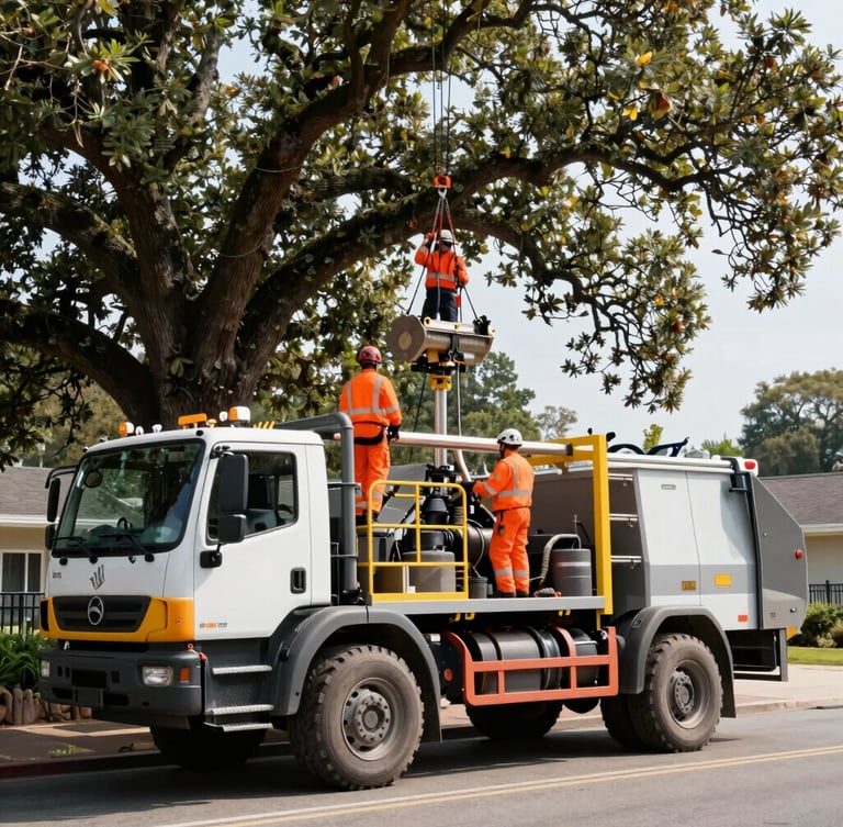 A powerful forestry bucket truck parked on a street, crew in high-visibility orange safety gear and helmets preparing rigging on a massive oak tree, bright daylight, 35mm lens