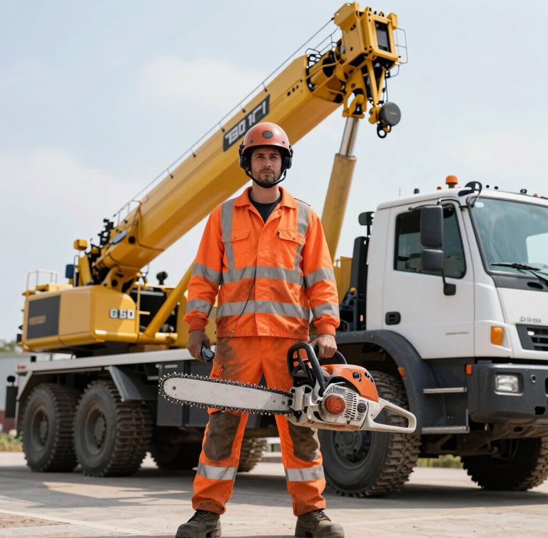 A high-contrast portrait of a certified crew member in high-visibility safety orange gear holding a chainsaw next to a massive crane truck, bright daylight, 35mm lens