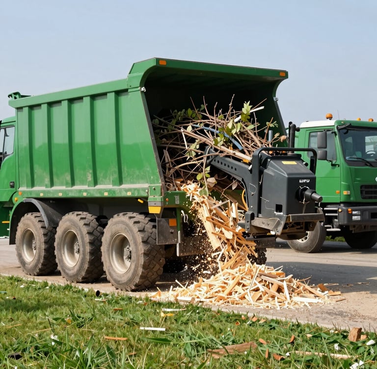 A commercial wood chipper actively processing branches, clean wood chips shooting into the back of a large green dump truck, spotless lawn in the foreground, bright daylight