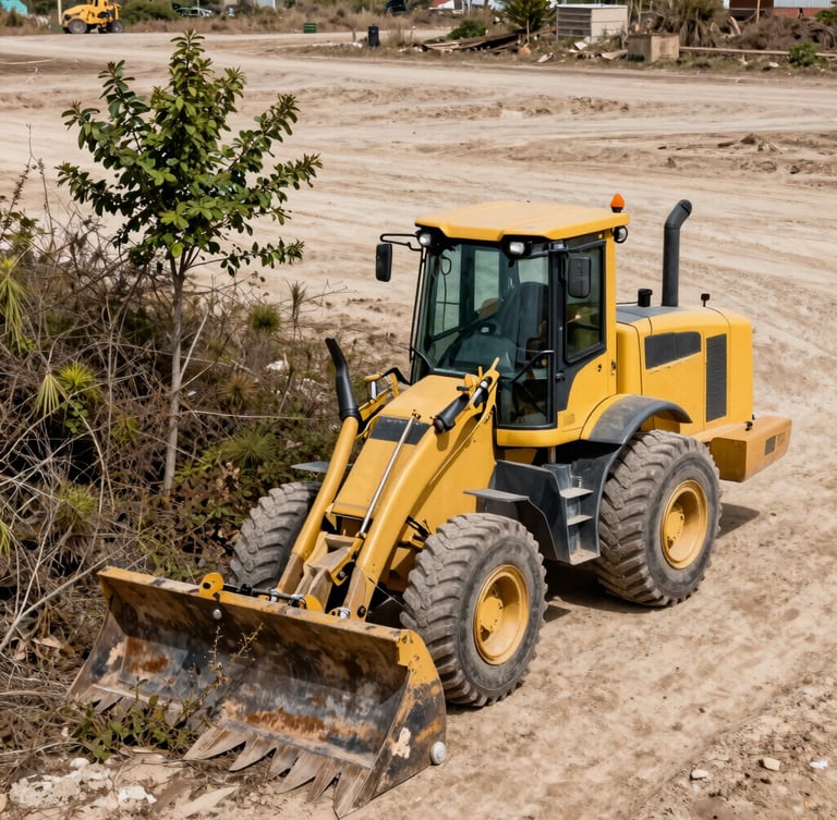 A heavy-duty yellow loader clearing thick brush and small trees on an expansive dirt lot, high-contrast industrial tones, sharp focus, bright natural daylight