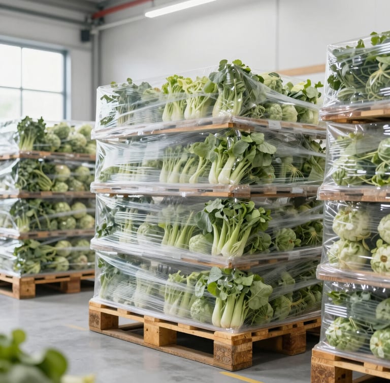Modern clean warehouse interior with organized pallets of fresh foodstuff, bright natural lighting, professional logistics environment