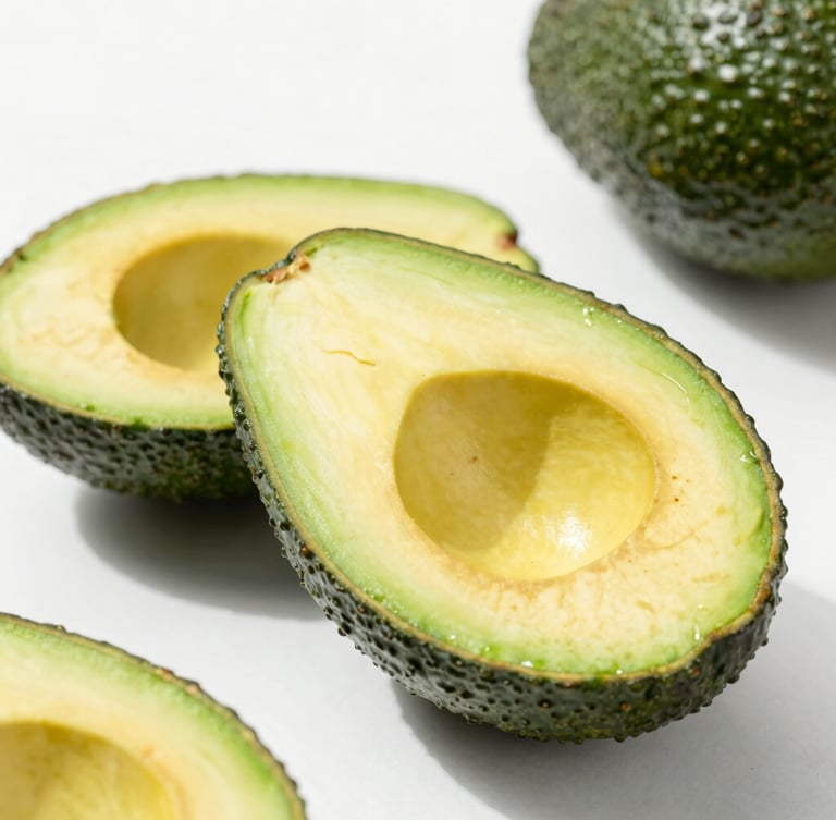 Pristine close-up of sliced fresh Hass avocados on a clean white backdrop, bright natural daylight, crisp editorial food photography