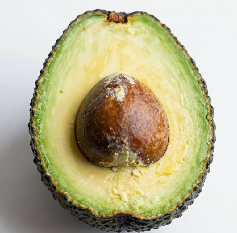 Close-up macro shot of a sliced ripe Hass avocado showing rich buttery green texture and a clean dark stone, bright natural daylight, clean white background