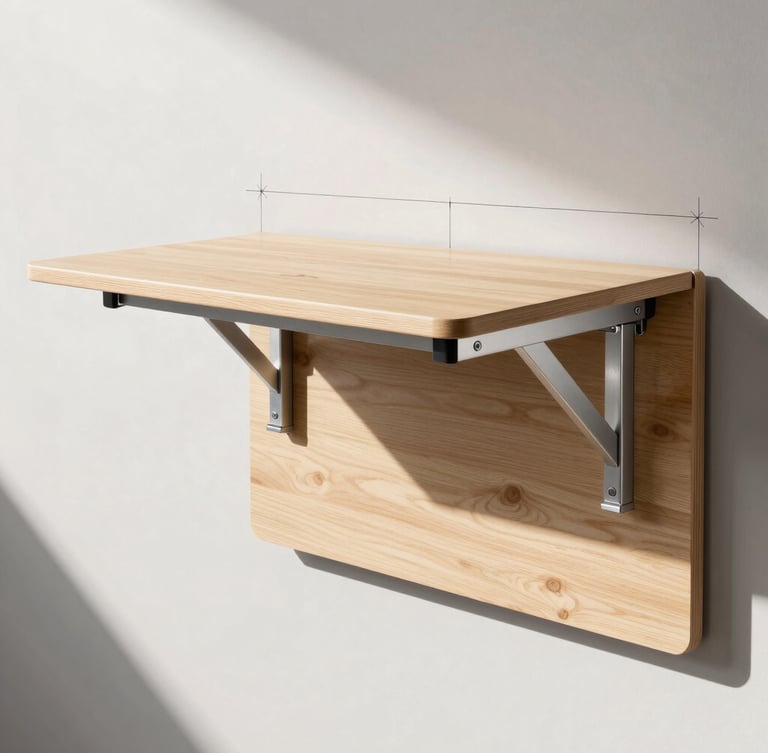 Straight-on architectural elevation of a wall fold-down table mechanism, technical line drawing style, sharp directional daylight, raw aluminum and warm birch tones, crisp 50mm lens.
