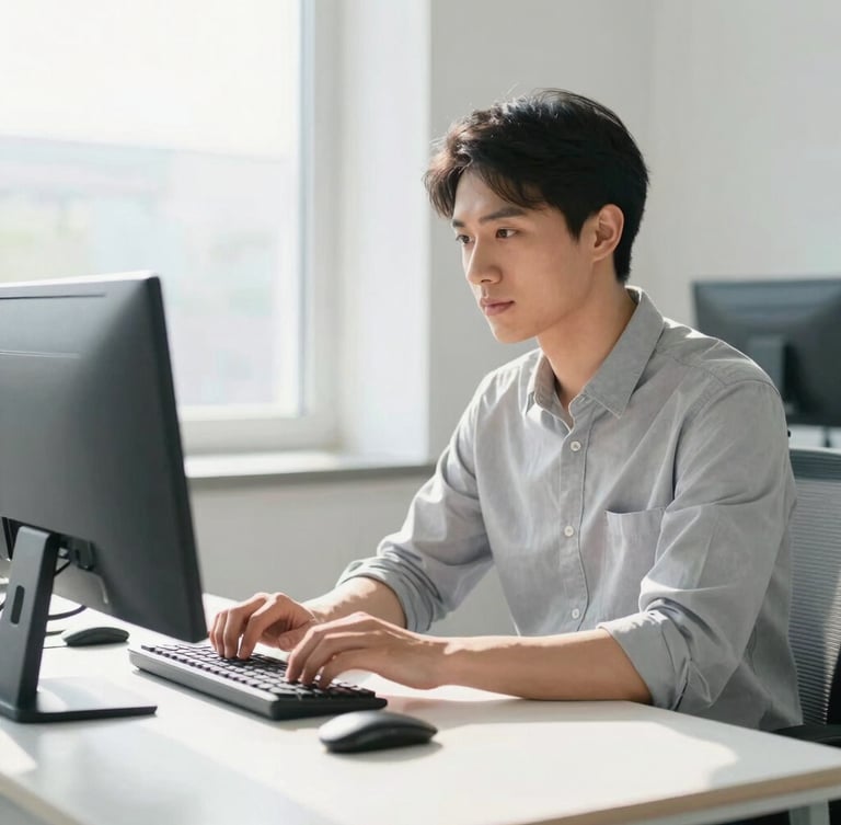A bright high-key editorial photograph of an IT professional in a clean modern office workspace, soft daylight, 35mm lens
