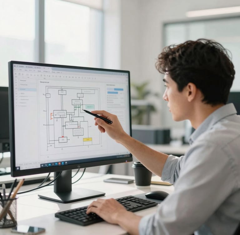 A focused IT professional reviewing system architecture diagrams on a screen in a bright, modern office with soft natural daylight, 35mm lens.