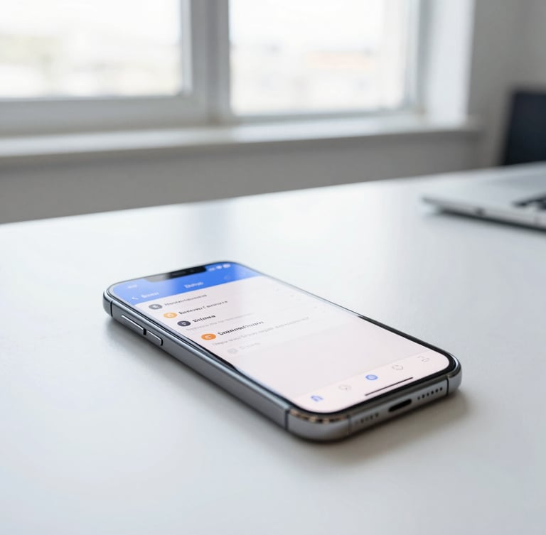 Bright high-key office photography, clean natural window light, a smartphone on a clean desk showing a crisp text message interface, shallow depth of field, 35mm