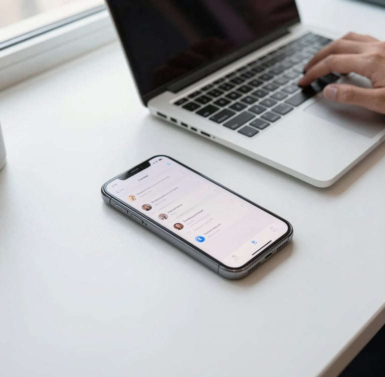 Overhead clean desk setup with a modern smartphone displaying a crisp text message interface, a laptop keyboard with hands typing, bright natural window light, shallow depth of field, 35mm