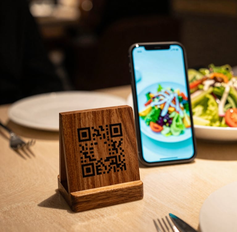 Warm editorial photography of a modern restaurant table, a sleek wooden QR code stand in the foreground, a smartphone screen displaying a vibrant fresh salad with a soft cyan glow, shallow depth of field, 35mm