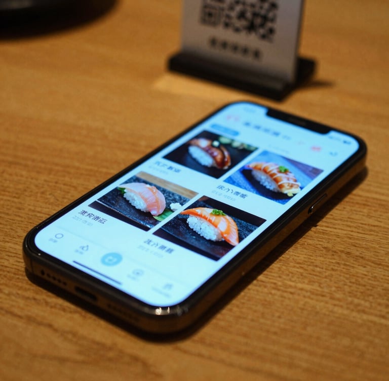 Close-up of a smartphone screen displaying a vibrant sushi menu with a glowing cyan interface, resting on a warm wooden restaurant table with a subtle QR code stand, soft ambient background lighting, shallow depth of field, 35mm
