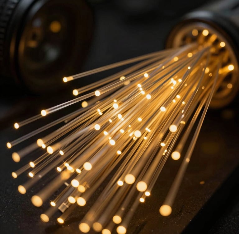 Macro close-up of abstract golden data streams and fiber optic cables glowing in the dark, representing high-speed secure network routing.