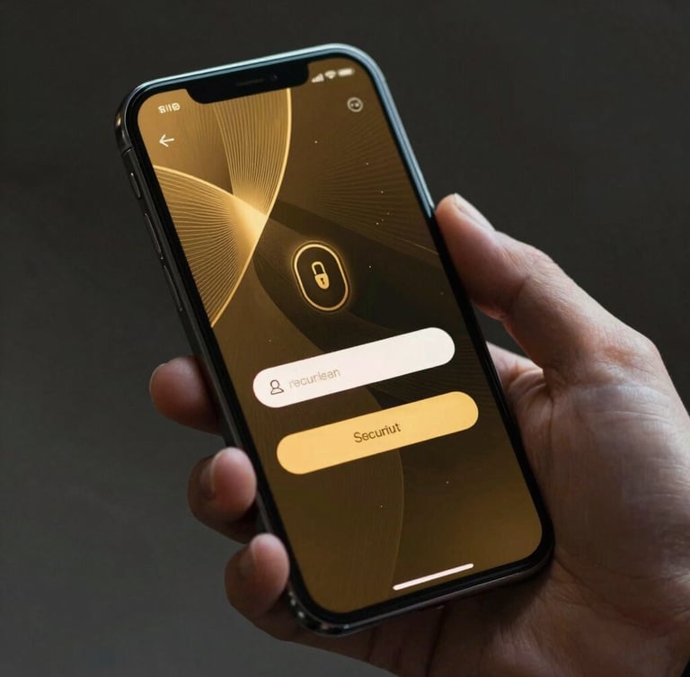 A close-up portrait of a sleek modern smartphone held in hand, displaying a secure golden login interface with abstract security patterns, dark background with gold accents.