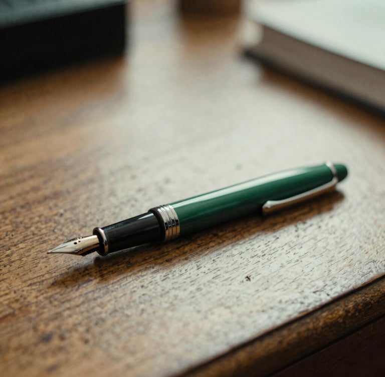 Medium-close macro shot of a fountain pen resting on an antique oak desk in soft, diffused London daylight, shallow depth of field, moody editorial photography, desaturated forest green and cream tones, 35mm film grain.