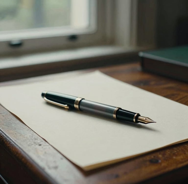A close-up of a fountain pen resting on heavy cream paper stock on an antique oak desk, soft diffused London daylight streaming from a window, moody editorial photography, desaturated forest green tones, 35mm film grain.
