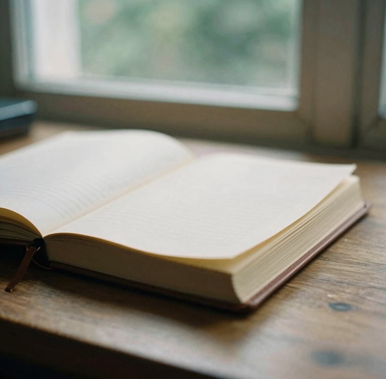 Close-up of a heavy leather-bound ledger on an oak desk, soft natural London daylight filtering through a window, desaturated forest green tones.