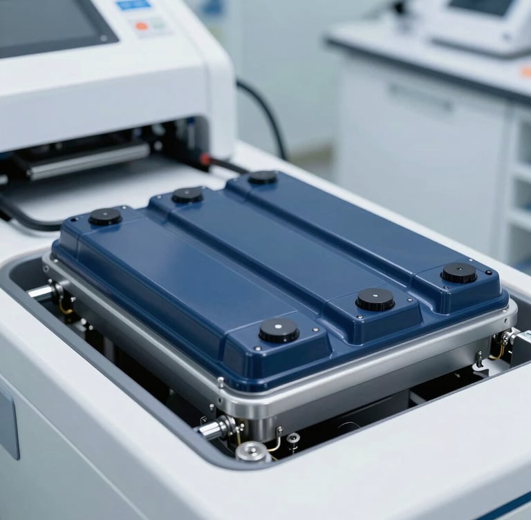 Close-up of a clean, high-tech diagnostic bay, a modern electric vehicle battery compartment exposed under bright workshop daylight, high contrast, sharp industrial photography.